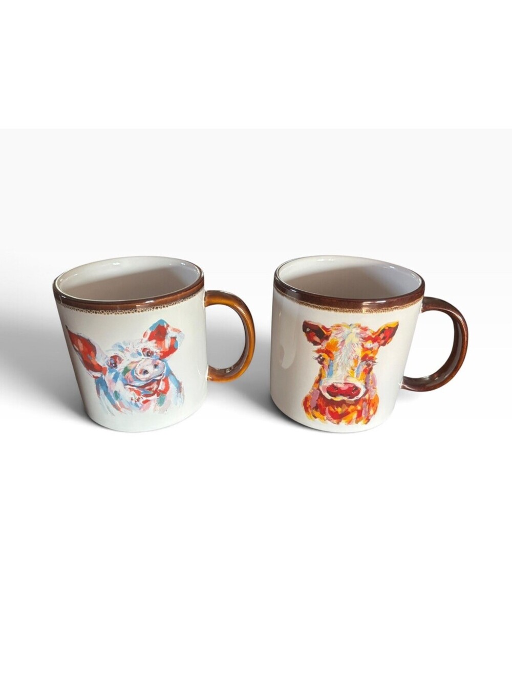 Mainstays Stoneware Cow & Pig Coffee Mug Cup Watercolor Design Colorful 20oz